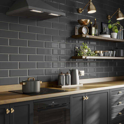 Metro Dark Grey Gloss Ceramic Wall Tiles - 100mm x 300mm