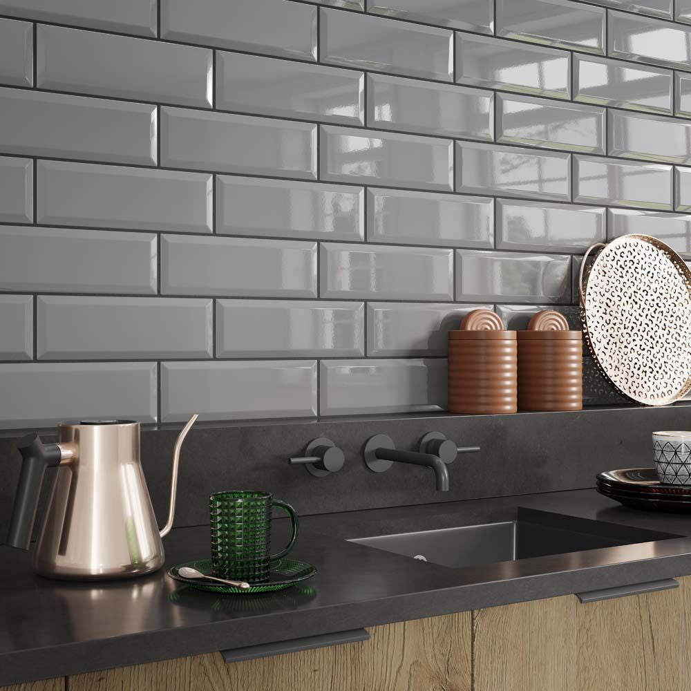 Metro Light Grey Gloss Ceramic Wall Tiles - 100mm x 300mm